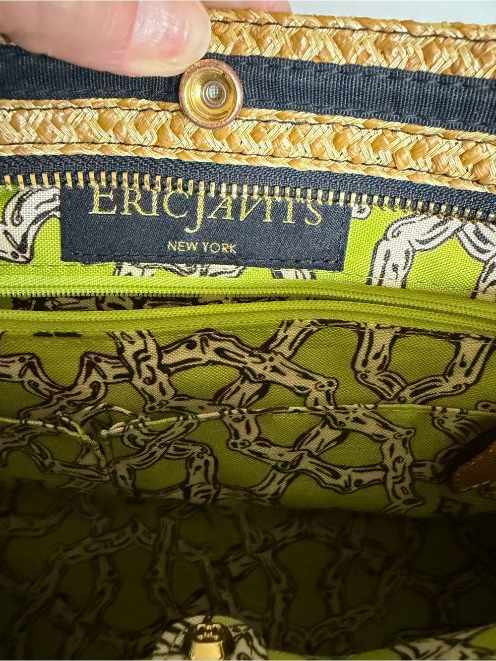 Eric Javitś Striped Natural Straw Tote Bag with Tan Trim